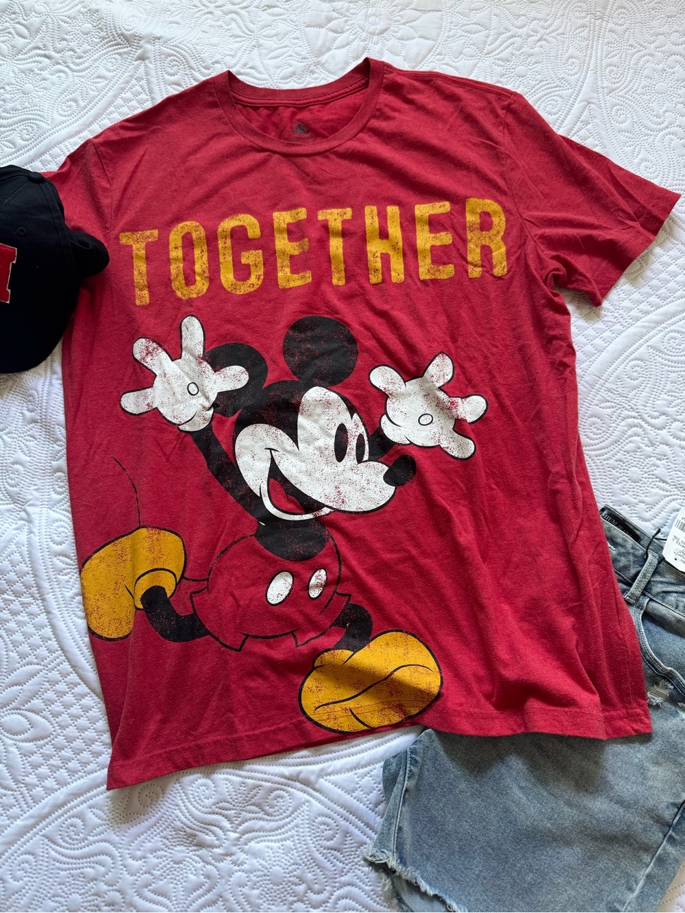 Disney Red Mickey Mouse 'Together' Graphic Tee with Yellow Accents
